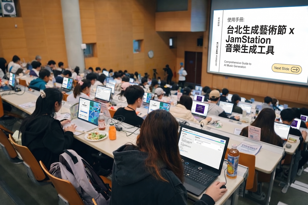 JamStation AI 音樂生成工具展示|生成藝術節參賽者使用音樂生成平台創作歌曲畫面